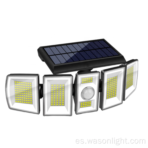 Profesional al aire libre 300LED 6500K Ajustable 5 cabezas Sensor de movimiento inalámbrico Solar Flood Seguridad de la pared de pared